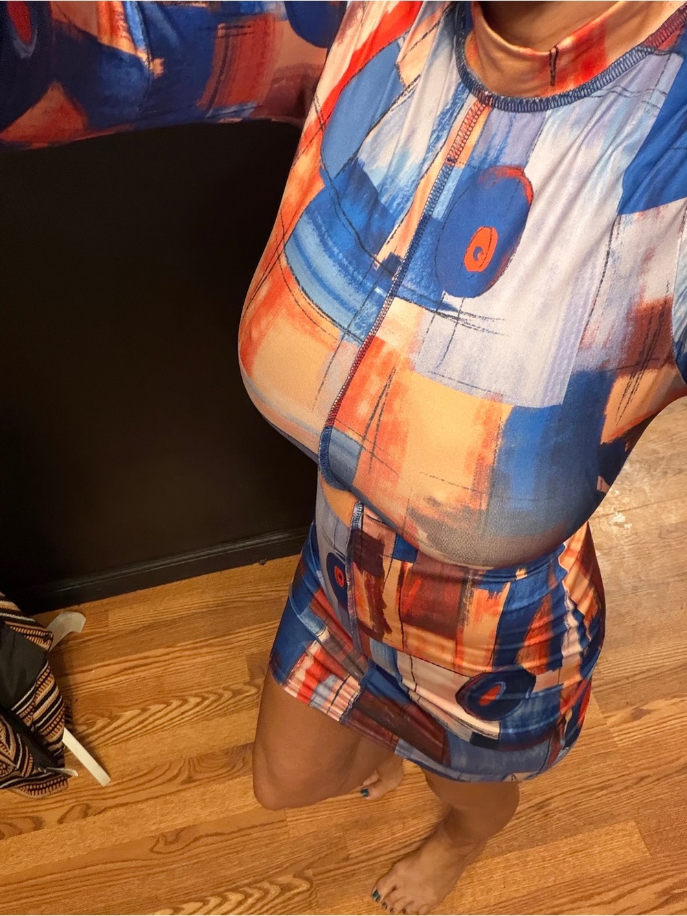 Abstract Blue & Orange Print Long-Sleeve Mini Dress